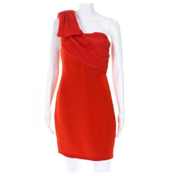 Marchesa Notte Mini Dress 0 One Shoulder Bow Cocktail Party Silk Sculpted Orange - Picture 3 of 8